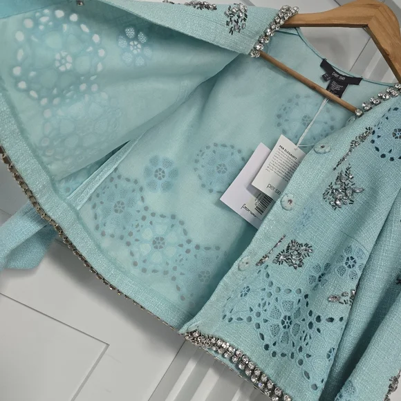 🆕️ Per Se Carlisle Per Elegant Crystal Floral Tweed Blazer in Mint Aqua Blue - Picture 5 of 10